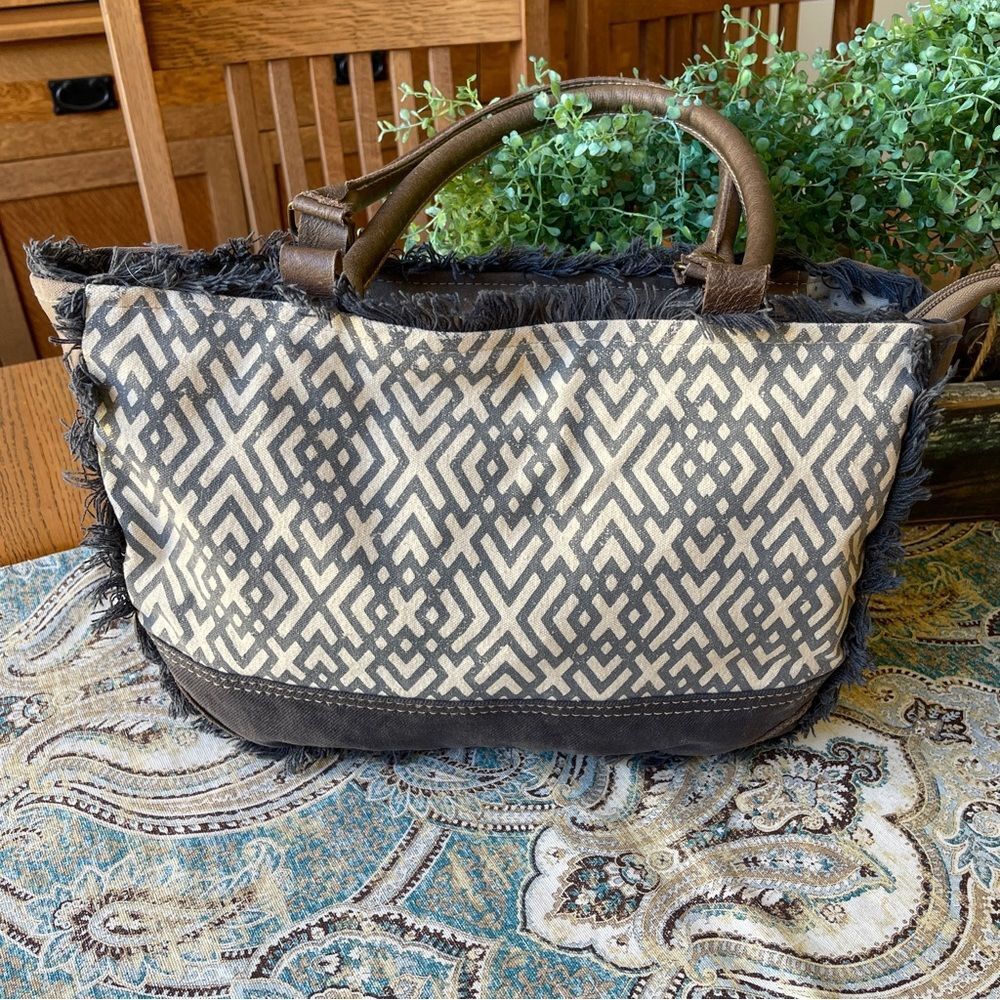Myra Bag Canvas Leather Fringe Tote Chevron Print Zippered Shoulder Bag